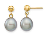 14K Yellow Gold Grey Rice Freshwater Cultured Pearl (8-9mm) Dangle Earrings